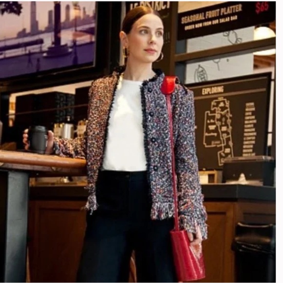 Ann Taylor Fiesta Multicolor Fringe Tweed Blazer Jacket Blk Red Blue Small Tall - Picture 10 of 10